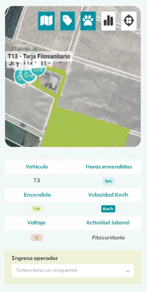 App móvil de Agro GPS con el mapa de una tarja fitosanitaria y los datos del vehículo: horas encendidas, velocidad, voltaje y actividad laboral